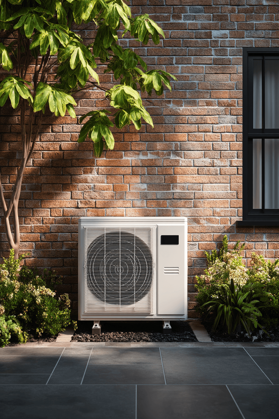 Moderne warmtepomp buitenunit in stijlvolle tuin - professionele installatie