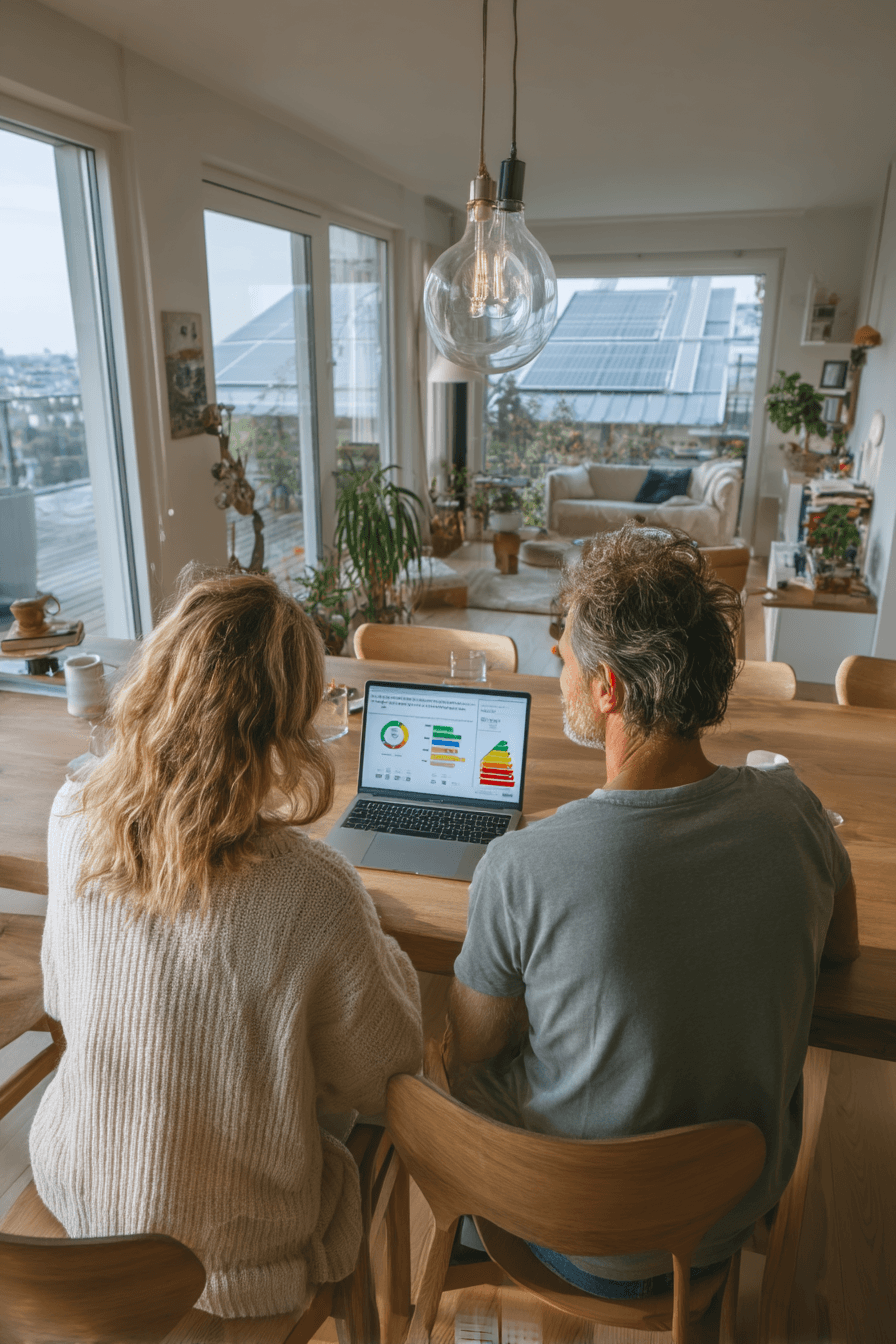 Modern huis interieur met smart home technologie en energielabels op laptop