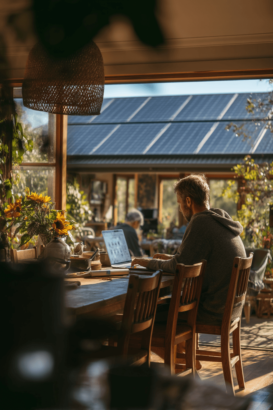 Persoon aan tafel met laptop en zonnepanelen monitoring - intelligente energie opbrengst